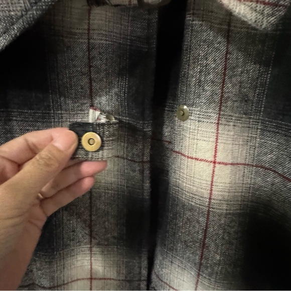 Billabong Wool Blend Plaid Peacoat Jacket Black Red White Snap Tab Closure-M - Picture 7 of 13